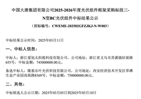 爱旭N型ABC中标大唐组件框架集采