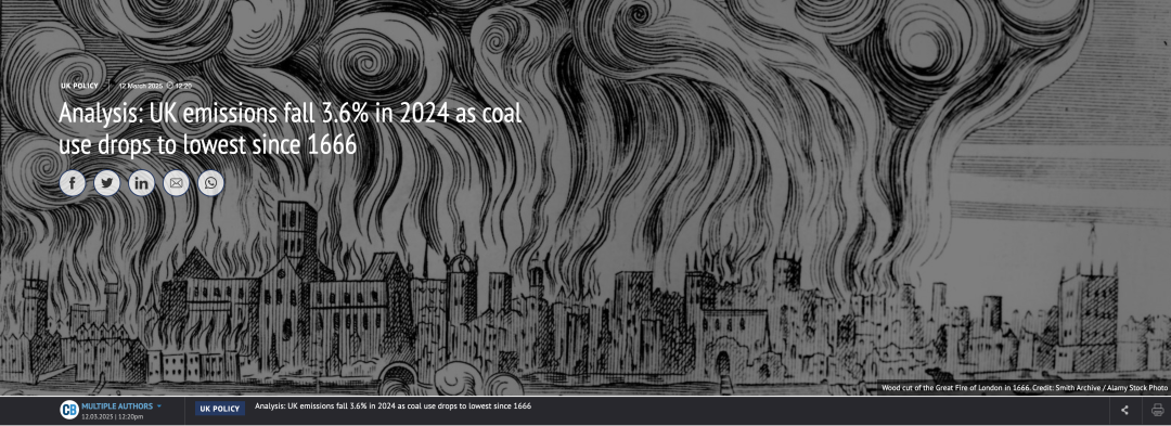 2024年英国煤炭使用量降至1666年以来最低水平！