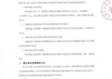 招标 | 云南合宇投资有限公司所属四个水电站2025年商业保险服务项目招标公示