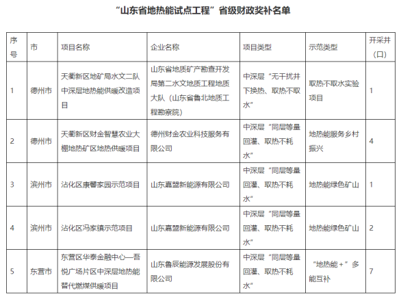 山东省5个地热能示范项目纳入省级财政奖补名单-地热开发利用-地大热能