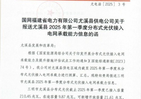 福建尤溪县：截至一季度末分布式光伏可接入容量21