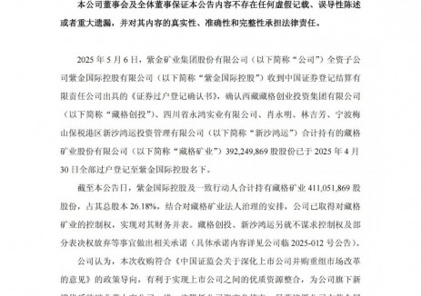 紫金矿业完成藏格矿业控制权收购