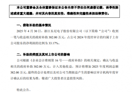 东尼电子获政府382万元补助