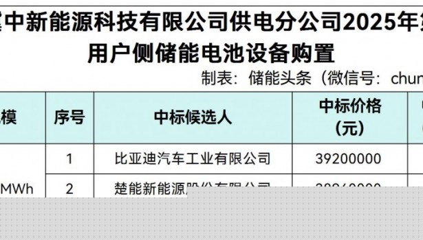 中标 | 0.487~0.4995元/Wh！比亚迪、楚能新能源、