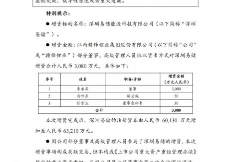 赣锋锂业董事拟向深圳易储增资至6.32亿元！