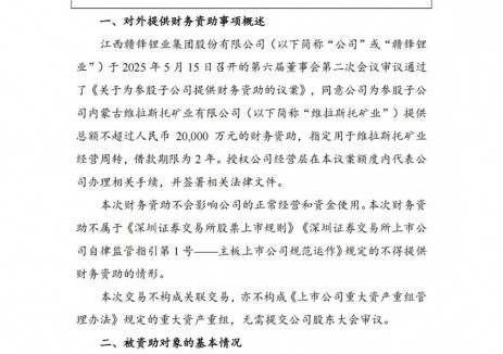 不超过2亿元！赣锋锂业为参股子公司提供财务资助