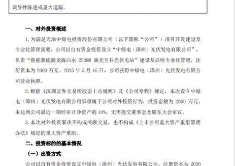 注册资本2000万元！中绿电成立项目公司投运 250MW