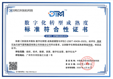 国家管网集团华南公司通过数字化转型成熟度四级认证！