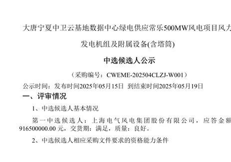 中标 | 电气风电中标大唐宁夏常乐50万千瓦风电项目