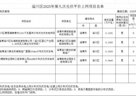 山东淄博市淄川区公布2025年第九次光伏平价上网项