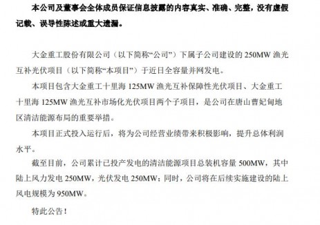 大金重工河北唐山曹妃甸250MW光伏项目全容量并网