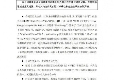龙蟠科技再签超50亿元磷酸铁锂正极材料销售合同