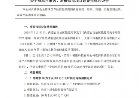 中绿电获取内蒙古、新疆储能项目建设指标
