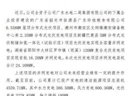 广东建工：已投产独立储能100MW
