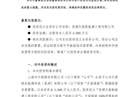 涉及储能业务！天宸股份子公司拟斥资4000万元设立