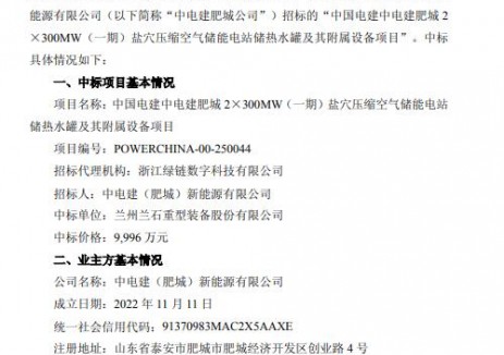 兰石重装中标600MW盐穴压缩空气储能电站储热水
