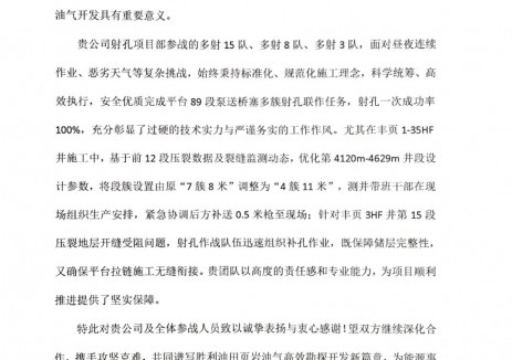 中石化经纬有限公司丰页3HF井组优质服务获甲方表扬