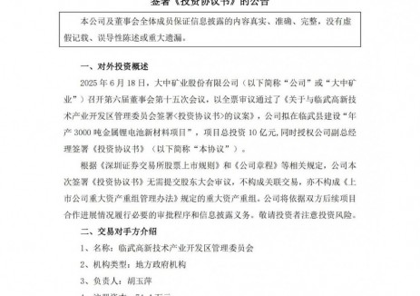 大中矿业拟10亿元投建年产3000吨金属锂电池新材料