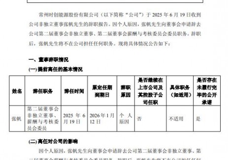 时创能源非独立董事辞职