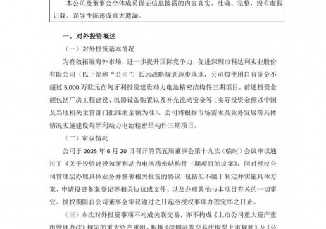 科达利拟投资不超5000万欧元建设匈牙利动力电池精