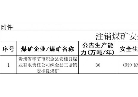 貴州省能源局發(fā)布關(guān)于注銷(xiāo)煤礦企業(yè)安全生產(chǎn)許可
