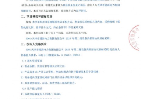 招标 | 0.29GW/1.16GWh！天津渤海电力2025年储能