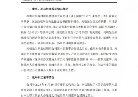 星源材质副总经理辞职并选举职工董事