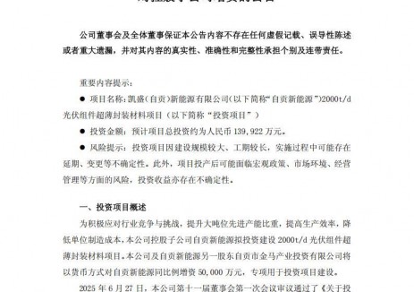 凯盛新能拟投资14亿元建设2000td光伏组件超薄封装