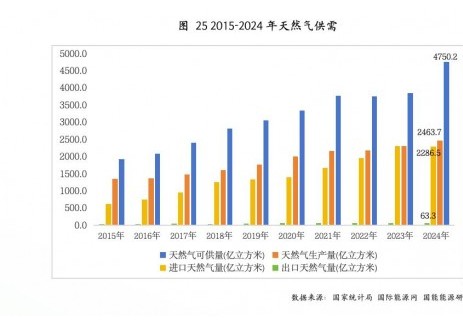 2024年，中国国内天然气生产量2463.7亿立方米，比上年增长6.2%
