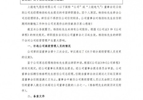 上能电气总经理调整
