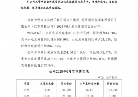 同比增加14.68%！湖北能源披露2025年6月发电情况