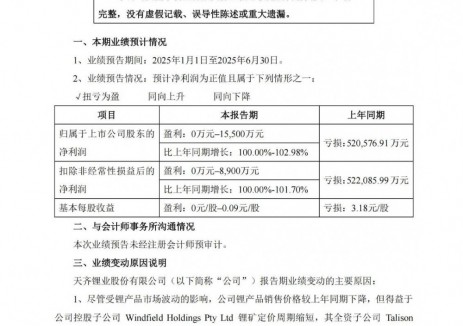 天齐锂业预计2025年上半年净利润为0万元~1.55亿元