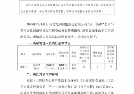 南网储能总法律顾问汤建良因工作调动辞职