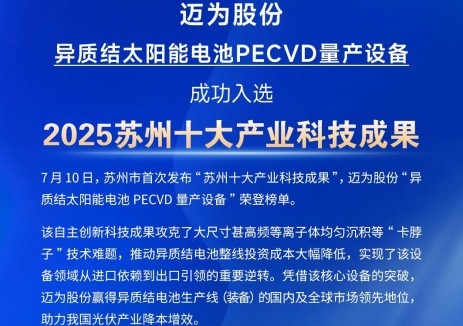 成功入选“苏州十大产业科技成果”，迈为股份PECVD量