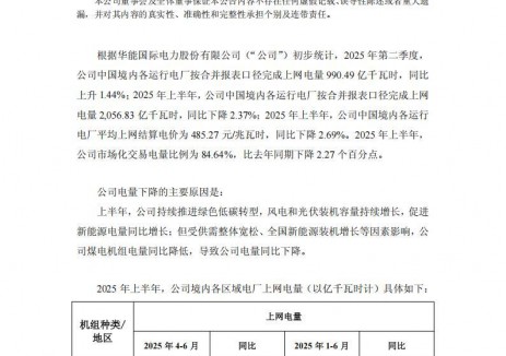 华能国际：2025年上半年完成光伏上网电量122.43