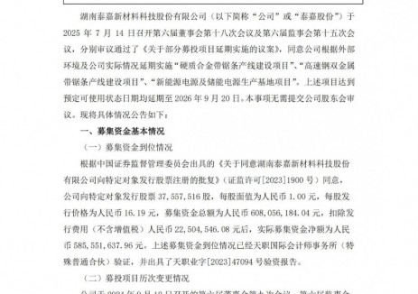 泰嘉股份延期新能源电源及储能电源生产基地项目