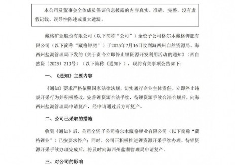 藏格矿业子公司藏格钾肥被责令立即停止锂资源开发