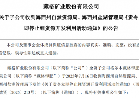 突发！因违规开采，藏格矿业全资子公司藏格锂业已