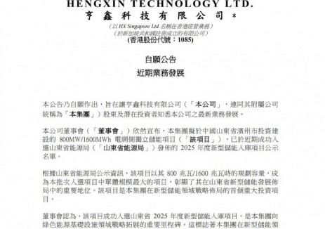 800MW/1600MWh，亨鑫科技拟于山东滨州投建电网