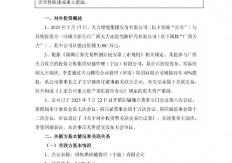 天力锂能投资3000万元与关联方共同成立广西天力