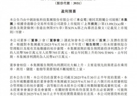 中创新航预期上半年净利润同比增长约70%至90%