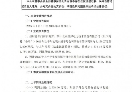储能业务同比大幅度增长！煜邦电力预计2025年上半年净利润为2120万元至2500万元