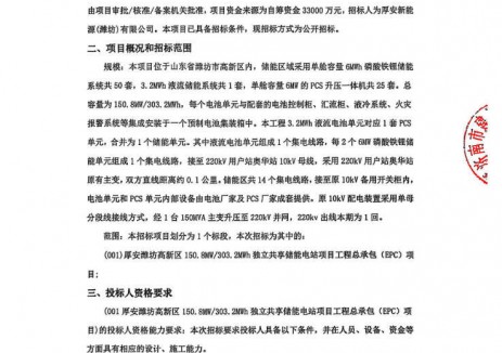 招标 | 山东潍坊高新区150.8MW/303.2MWh独立共享