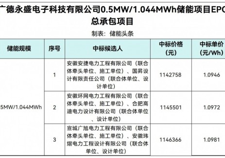 中标 | 1.0946~1.0981元/Wh！广德永盛电子科技有
