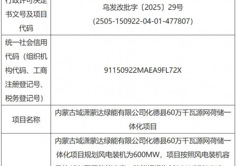 乌发改批字〔2025〕29号关于内蒙古域潇蒙达绿能有限公司化德县60万千瓦源网荷储一体化项目核准的批复