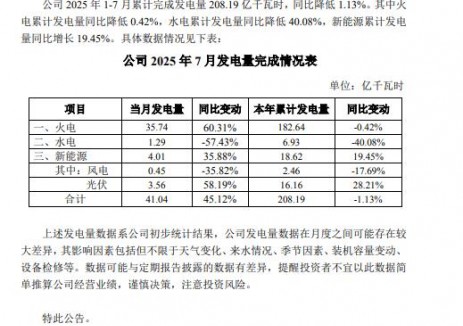 长源电力：2025年7月光伏发电量3.56亿千瓦时，同