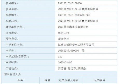 中标 |江苏宿迁泗阳开发区110kV永嘉变电站项目中