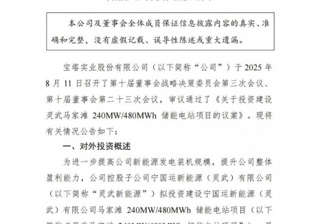 3.73亿元！宝塔实业拟建240MW/480MWh储能电站