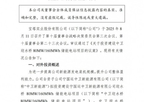 1.45亿元！宝塔实业投建宁夏中卫迎水桥80MW/160MW