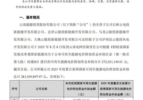 云南能投获2.81亿元国家可再生能源电价附加资金